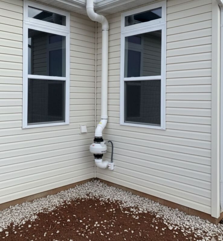 Radon mitigation fan mounted low on the exterior wall of a home with sealed PVC routing