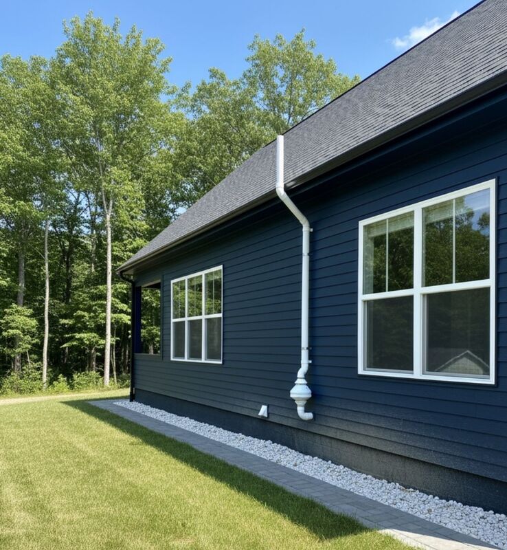 Radon mitigation system with clean white PVC pipe routed up the side of a home and terminated above the roofline
